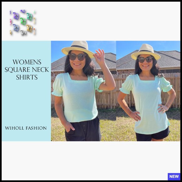 Square Neck Ruffle Sleeve T-Shirt Casual Chic Summer Tops Women's Tee - Picture 6 of 7